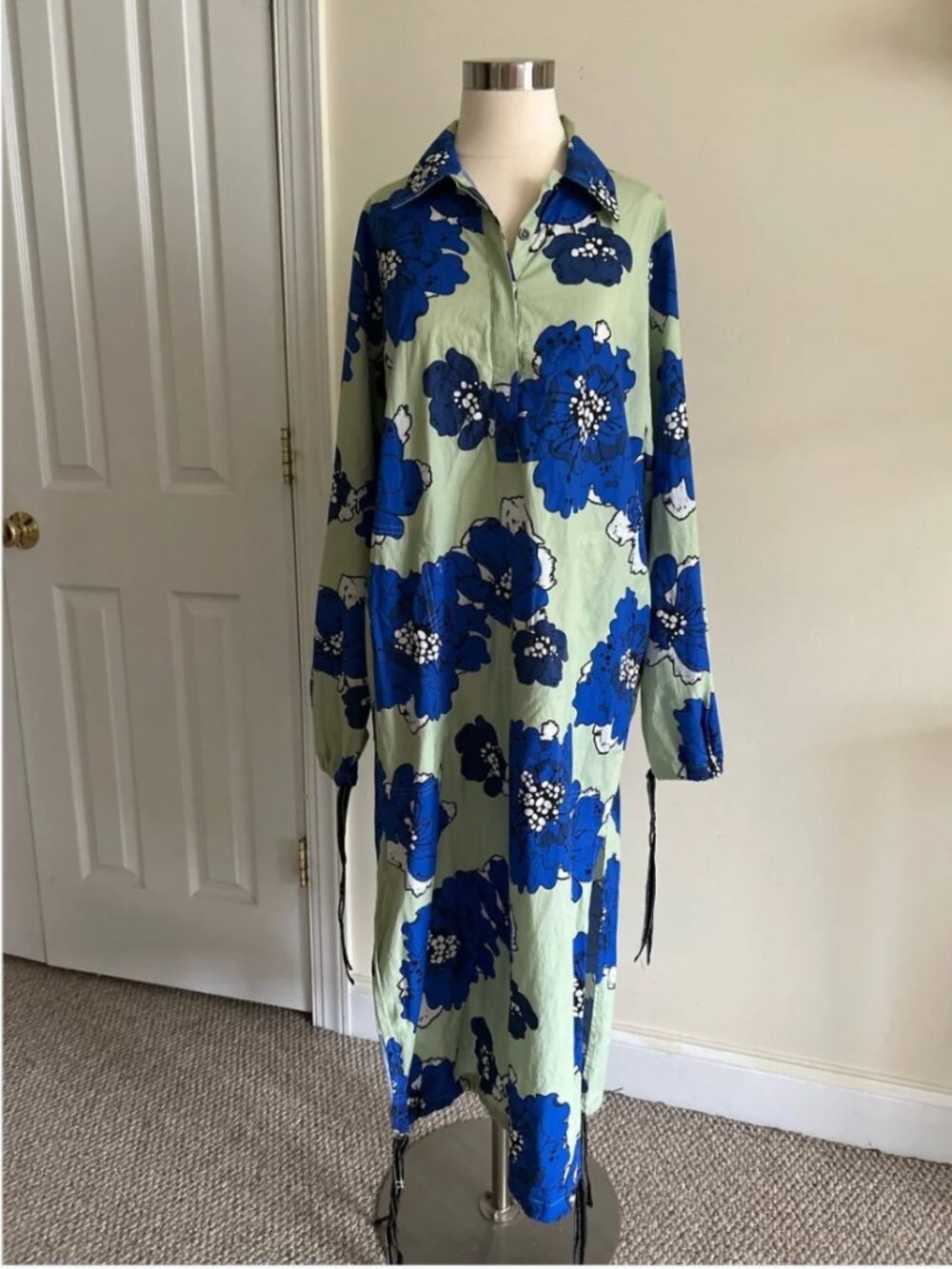 Anthropologie Dhruv Kapoor Floral Midi Shirtdress Cotton Blue Green Dress size M - Picture 2 of 10